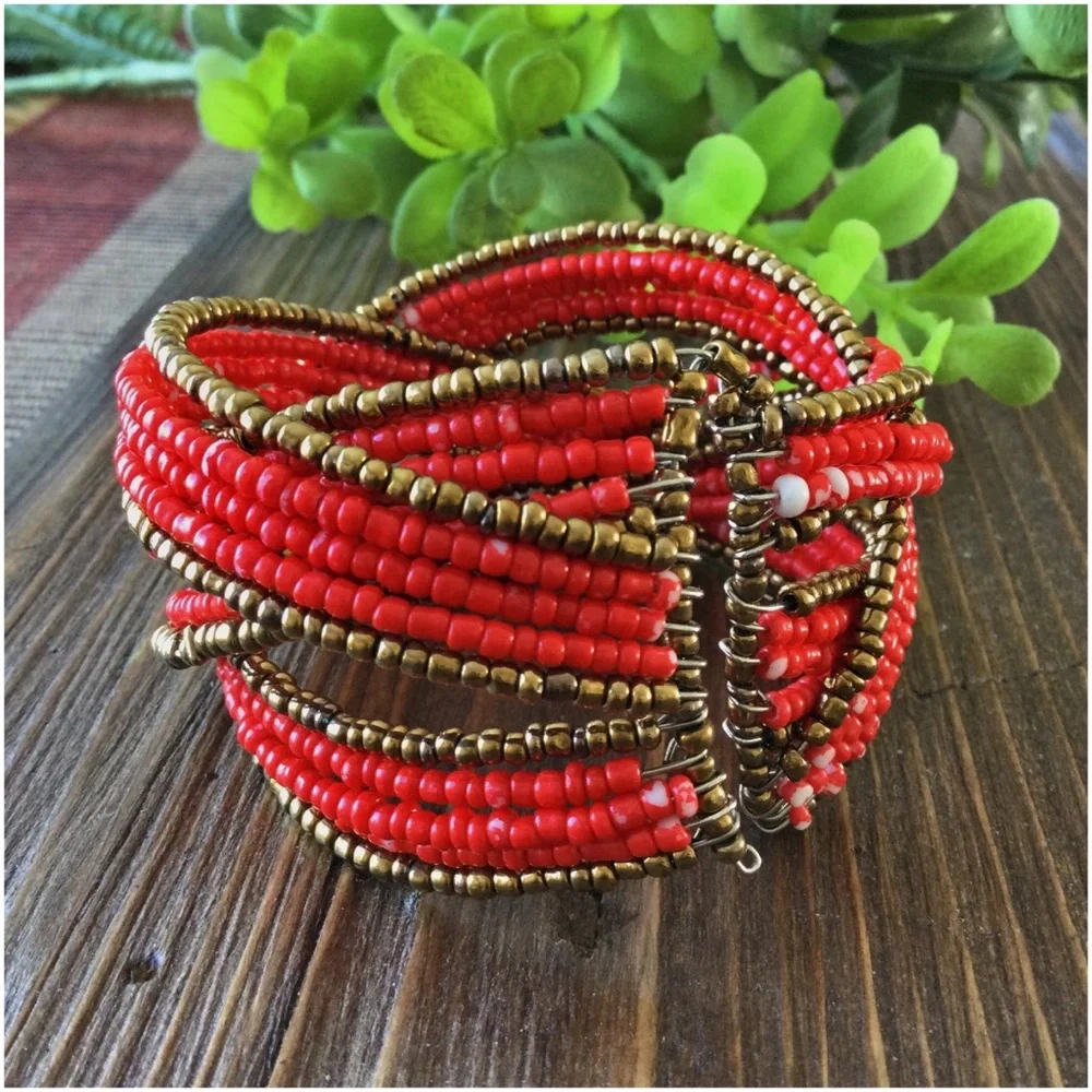 Handmade Twisted Flexible Seed Bead Braided Open Cuff Bracelet – Red & Gold